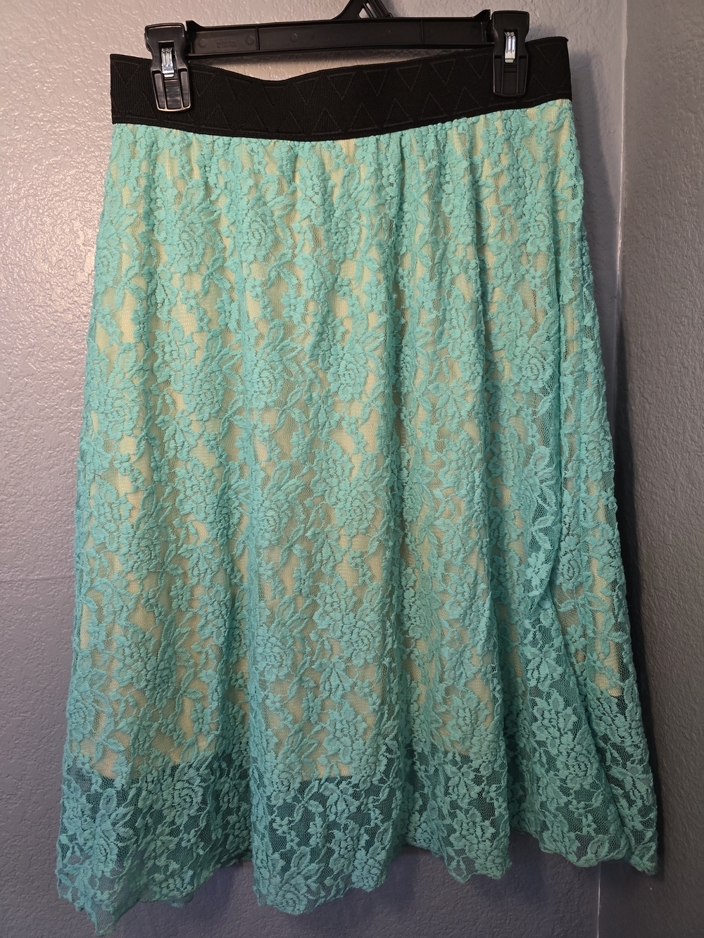 Lularoe Women’s Aqua Lace Skirt with Black Waistband